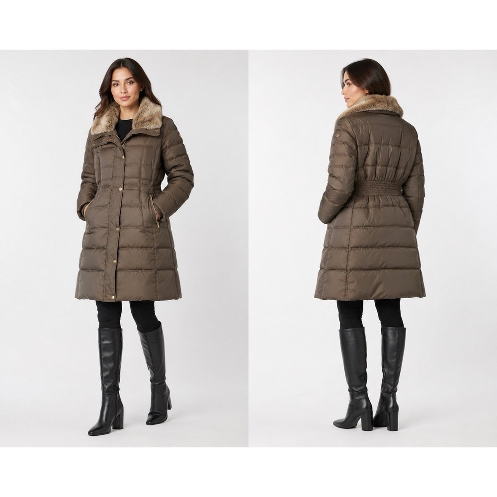 Michael Kors Women's XL Brown Down Puffer Coat Faux Fur Collar Long Jacket